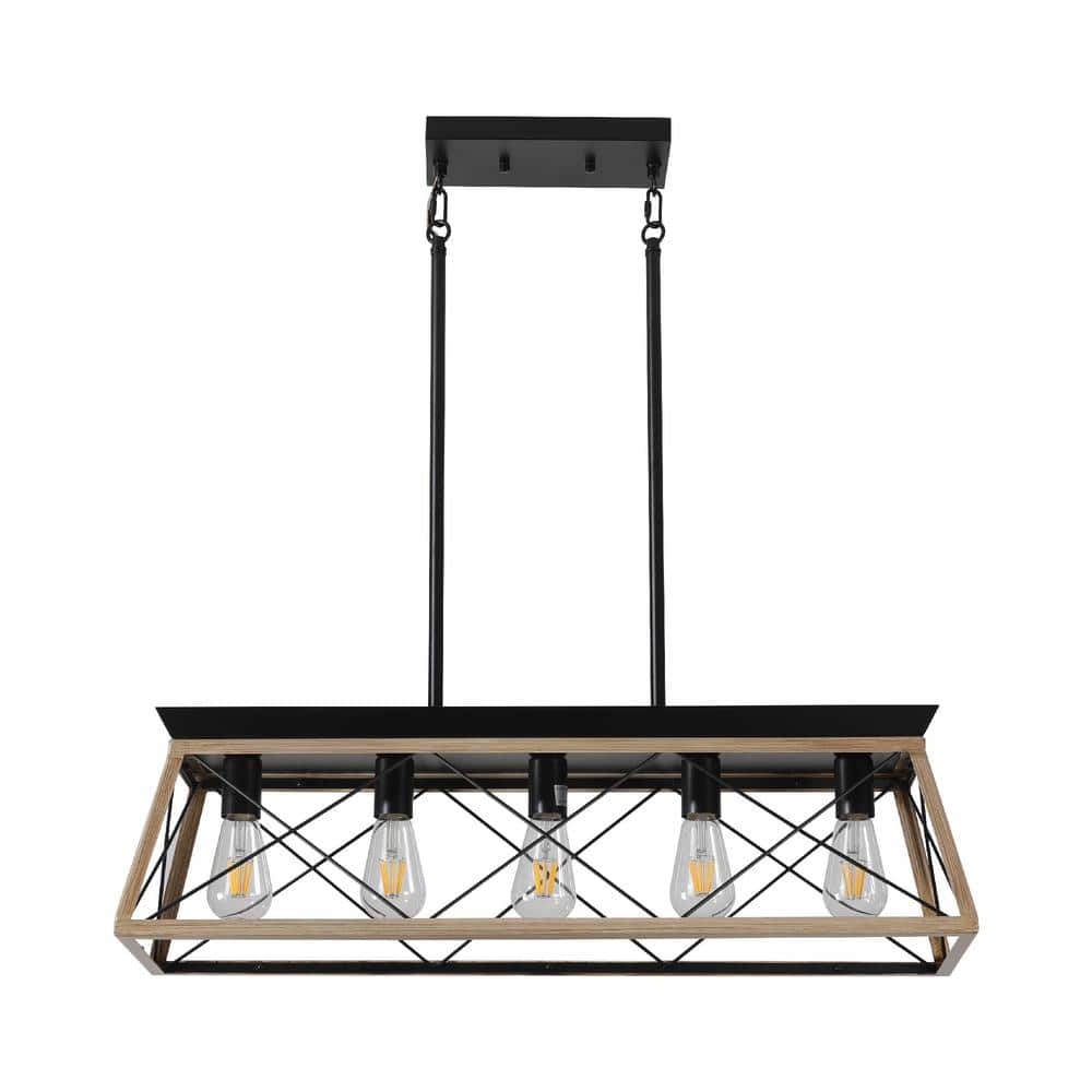 31.5 in. 5-Light Oak Home Decor Light Fixture Farmhouse Pendant Semi-Flush 