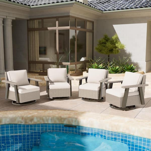 Brown Swivel Wicker Outdoor Lounge Chair Seating Set with Beige Cushions (4-Pack)