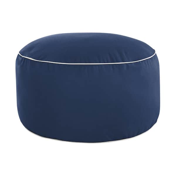 SORRA HOME 30 in. x 30 in. x 15 in. Sunbrella Canvas Navy and Ivory Round Outdoor Bean Pouf