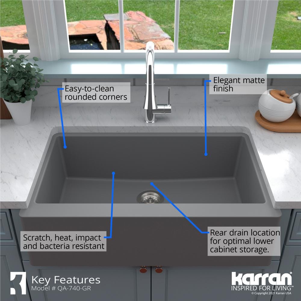 Matte Gray Quartz Composite Farmhouse Single Bowl Kitchen Sink