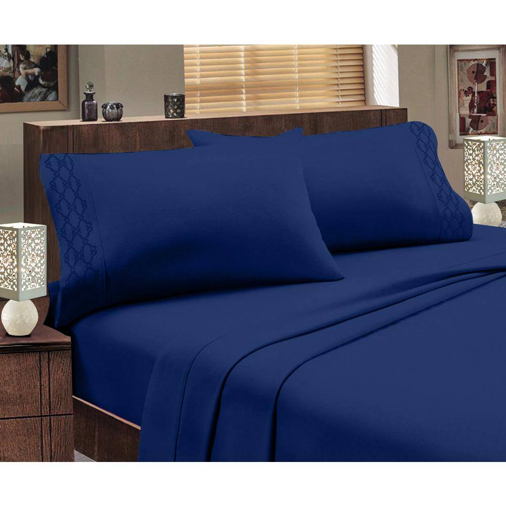 Navy King Microfiber Embroidered Deep Pocket Sheet Set