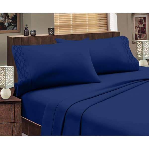 Unbranded Home Sweet Home Extra Soft Deep Pocket Embroidered Luxury Bed Sheet Set - Queen, Navy