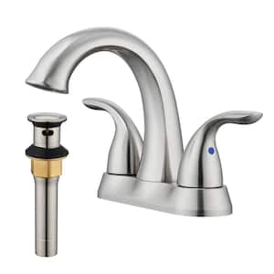 4 in. Centerset Double Handle Mid Arc Bathroom Sink Faucet Lavatory Faucet with Stainless steel Drain in Brushed Nickel