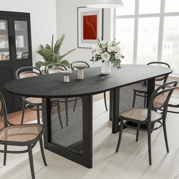 Lirago Oval Black Wood 79 in. Double Pedestal Dining Table Seats 8