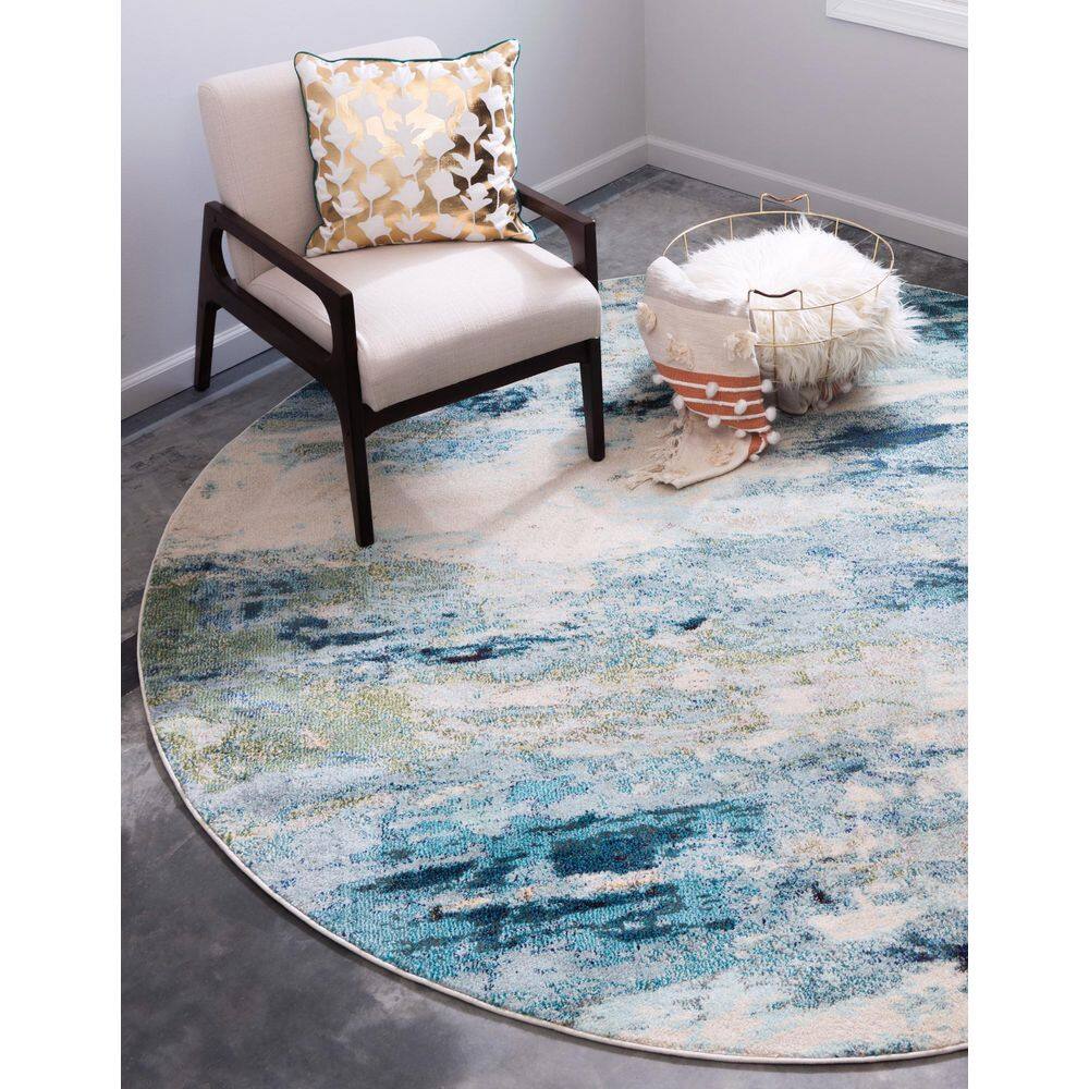 Theia Light Blue Abstract 8' Round Synthetic Area Rug