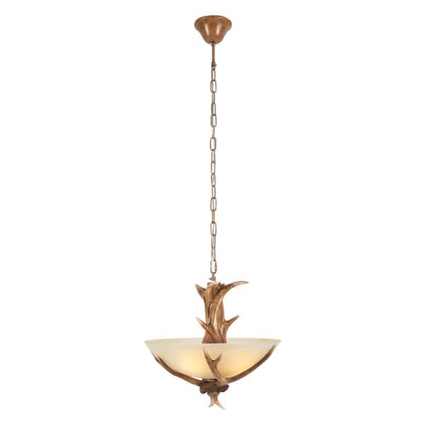 OUKANING 3-Light Brown Retro Resin Antler Pendant Light with Frosted Glass Bowl Shade