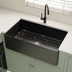 Black Fireclay 33 in. Single Bowl Corner Farmhouse Apron Kitchen Sink with Bottom Grid and Basket Strainer