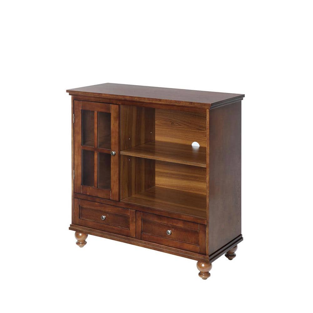 Espresso Highboy TV Stand with Tempered Glass Cabinet and Antique Brass Knobs