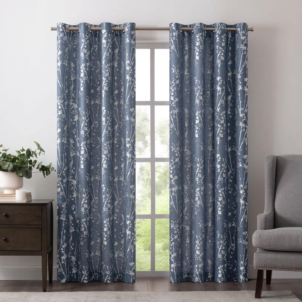 Cobalt Floral Polyester Room-Darkening Grommet Curtain Panel