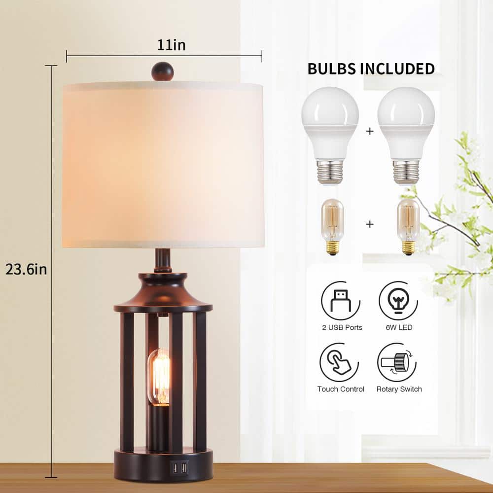 23.6" Black Matte Metal Table Lamp Set with White Linen Drum Shade