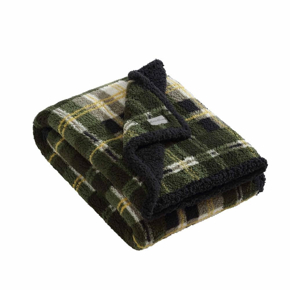 Trailhead Plaid Green Sherpa Fleece Reversible Throw Blanket