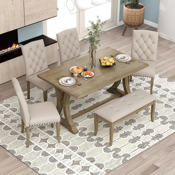 Clihome 6-Piece Farmhouse Dining Table Set, Rectangular MDF Top