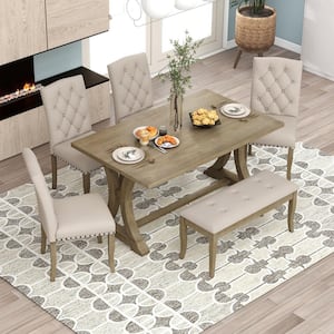 6-Piece Farmhouse Dining Table Set, Rectangular MDF Top Table and 4-Upholstered Chairs and Bench(Natural Wood Wash)