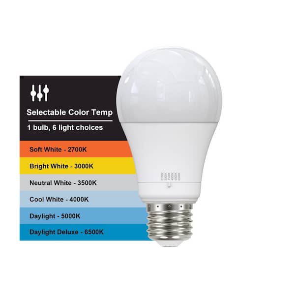 60-Watt Equivalent A19 E26 Base Dimmable LED Light Bulb with Selectable Color Temperature (4-Pack)
