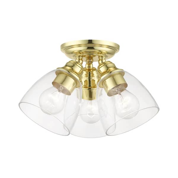 AVIANCE LIGHTING Grandview 14.25 in. 3-Light Polished Brass Semi Flush Mount with Clear Glass
