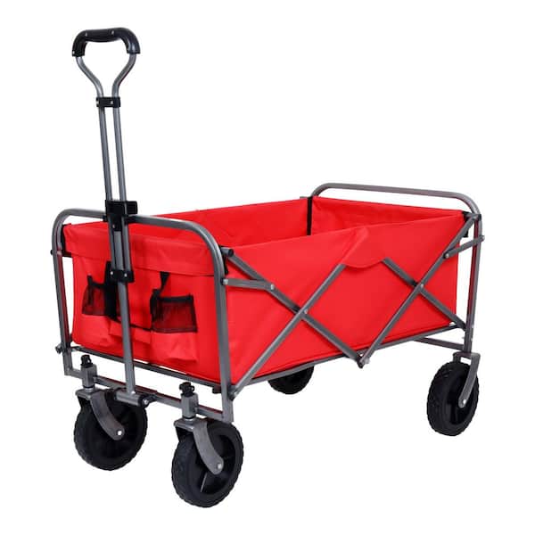 4 cu. ft. Steel garden cart, Foldable 4-wheel cart with drink holder for shopping, garden, groceries, camping, Rose Red