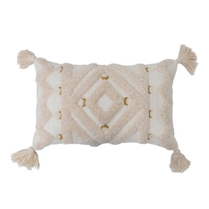 White Cotton Tufted 20 in. x 20 in. Lumbar Pillow with Embroidery and Tassels