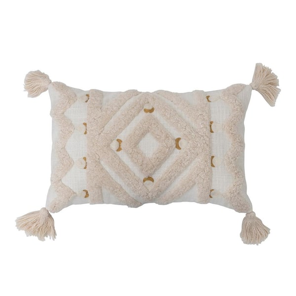 Storied Home White Cotton Tufted 20 in. x 20 in. Lumbar Pillow with Embroidery and Tassels