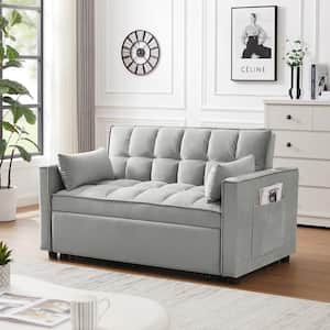 55.2 in. Width Gray Velvet Twin Sofa Bed with Adjustable Backrest