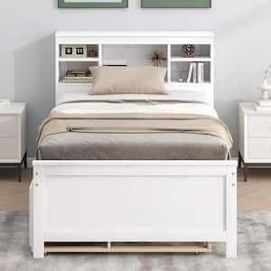 White Wood Frame Twin Size Platform Bed with 3-Drawer, Headboard with Shelves, Twin Size Trundle, USB Charging Station