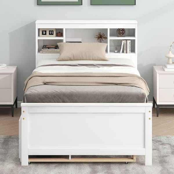 Harper & Bright Designs White Wood Frame Twin Size Platform Bed with 3-Drawer, Headboard with Shelves, Twin Size Trundle, USB Charging Station