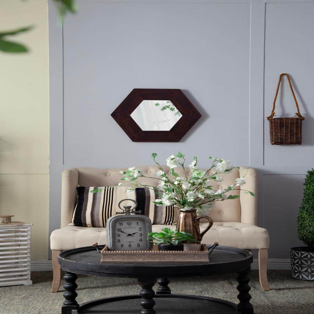 21.5 in. W x 18.5 in. H Solid Wood Frame Dark Brown Hexagon Mirror, Wall De
