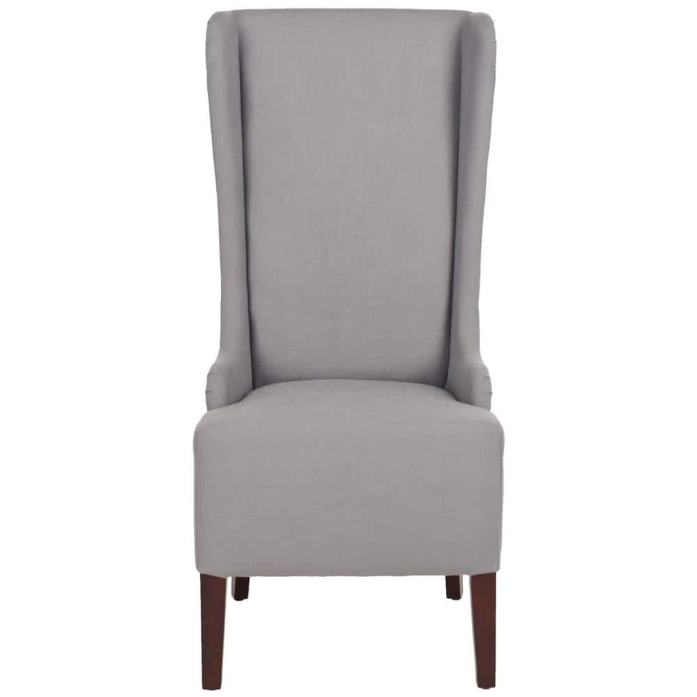 High-Back Arctic Grey Linen Upholstered Side Chair with Cherry Mahogany Legs