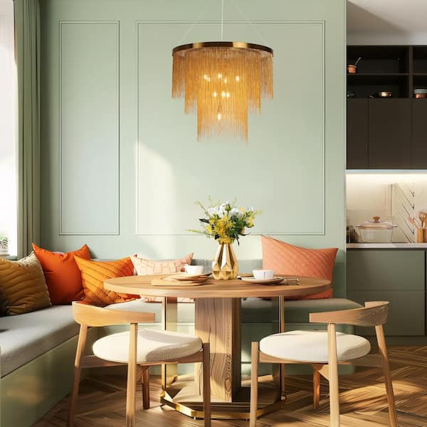 Veils 31.5 in. 10-Light Plating Brass Circle Chandelier with Gold Metal Chain Fringe