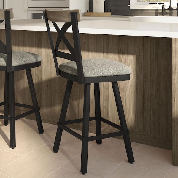 Amisco Snyder 27 in. Light Beige and Grey Boucle Polyester/Black Metal/Beige Distressed Wood Swivel Counter Stool