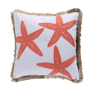 Bakio White, Coral, Starfish Embroidered, Fringe Trim 18 in. x 18 in. Throw Pillow