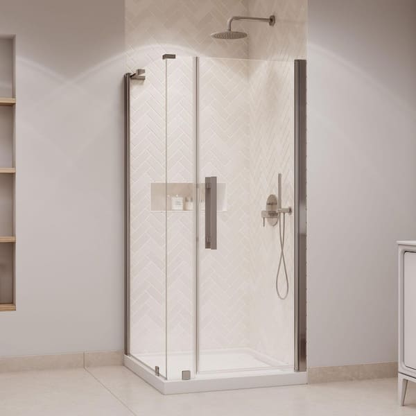 OVE Decors Pasadena 36in. L x 36 in. W x 72.01 in H Corner Shower Kit with Pivot Frameless Door in Satin Nickel and Shower Pan