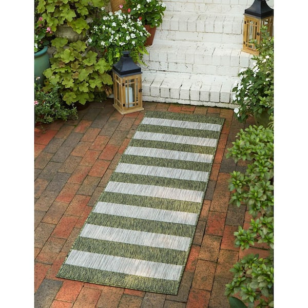 Outdoor Distressed Stripe Green 2 ft. x 6 ft. Runner Rug