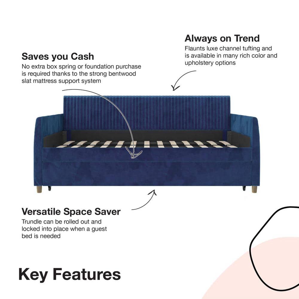 Twin Blue Velvet Upholstered Daybed with Trundle and Tufted Headboard