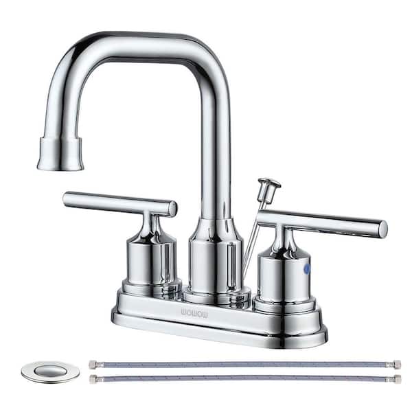 WOWOW 4 in. Centerset Double Handle High Arc Bathroom Faucet with Drain Kit Included in Polished Chrome