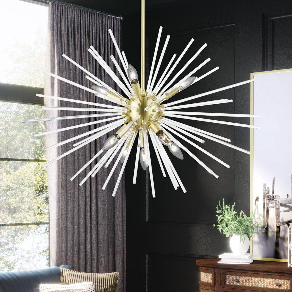 Elegant Spheroid 9-Light Pendant Chandelier with Satin Brass Finish and Clear Glass Rods