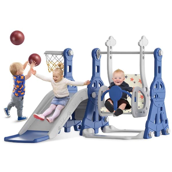 SEEUTEK Aarav 5 ft. Blue 4-in-1 Toddler Slide and Swing Set Kid Slide Indoor Outdoor Slide Toddler Playset Toddler Playground