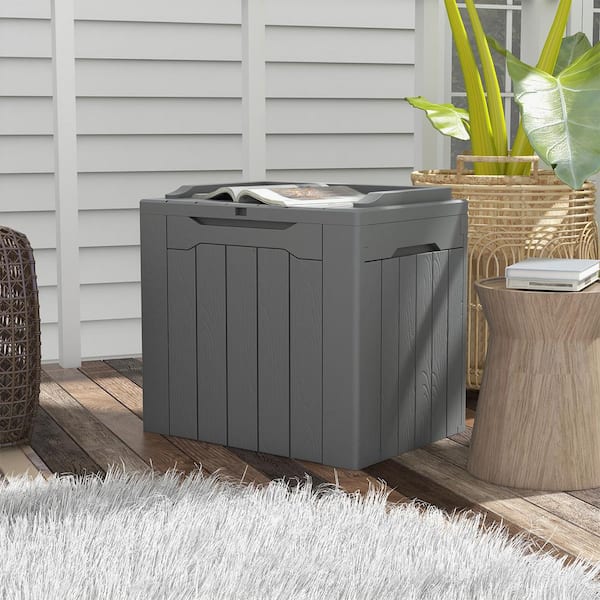 32 Gal. Wood-Grain Deck Box with Seat, Outdoor Lockable Storage Box for  Patio Furniture in Gray