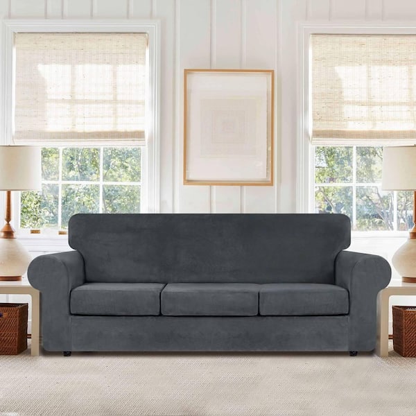Dark Grey Velvet High Stretch Couch Slipcovers for 3-Cushion Sofa with Non Slip Elastic Bottom Furniture Protector