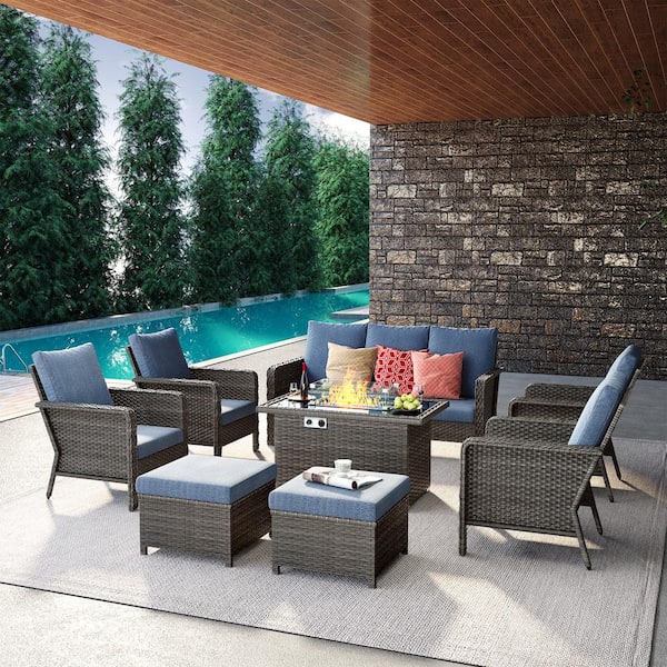 Brafab 8-Piece Wicker Patio Rectangle Fire Pit Conversation Set with Blue Cushions