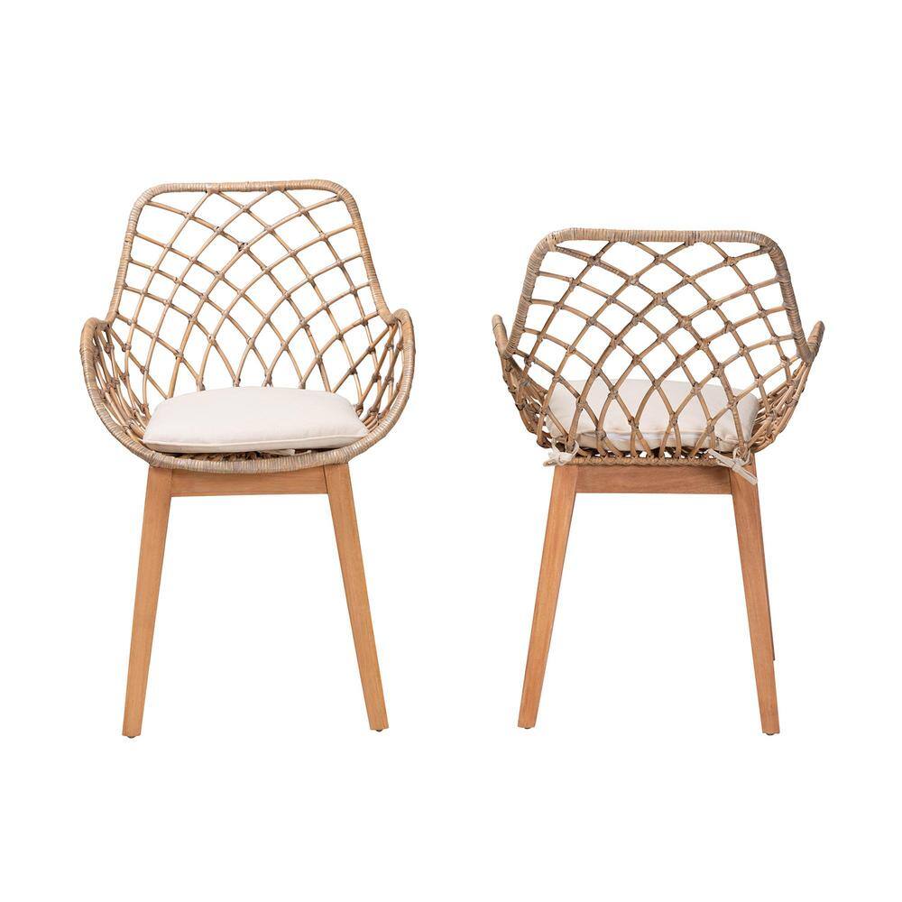 Bohemian Greywashed Rattan and Natural Brown Dining Chair Set with Cushions