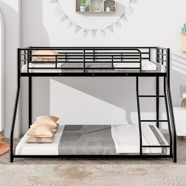 Black Twin XL Over Queen Metal Bunk Bed with Inclined Ladder, Bottom Floor Bed, No Slats