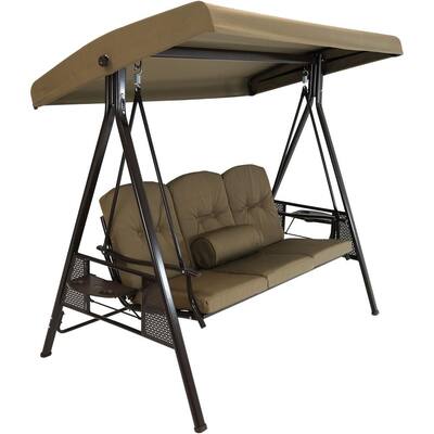 3-Person Steel Porch Swing with Beige Cushions