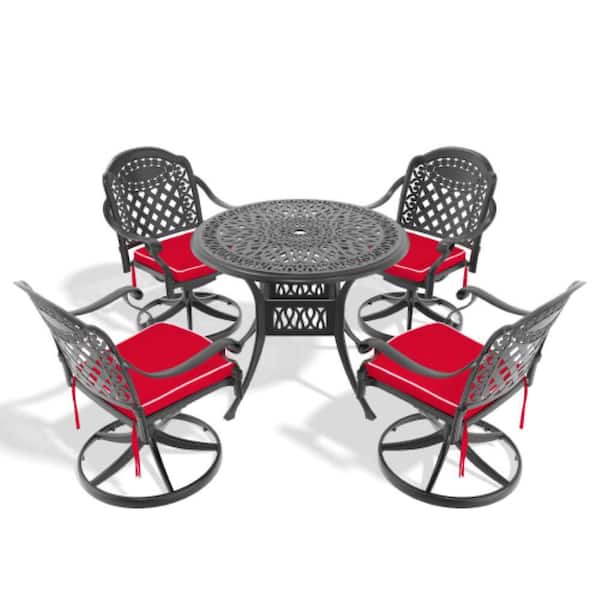5-Piece Aluminum Outdoor Dining Set with Red Cushions, 4-Swivel Chairs and 1-Round Table, Patio Furniture Set