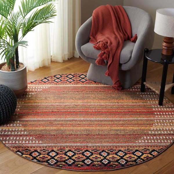 Adirondack 6 ft. x 6 ft. Round Rust/Ivory Navy Diamond Border Area Rug