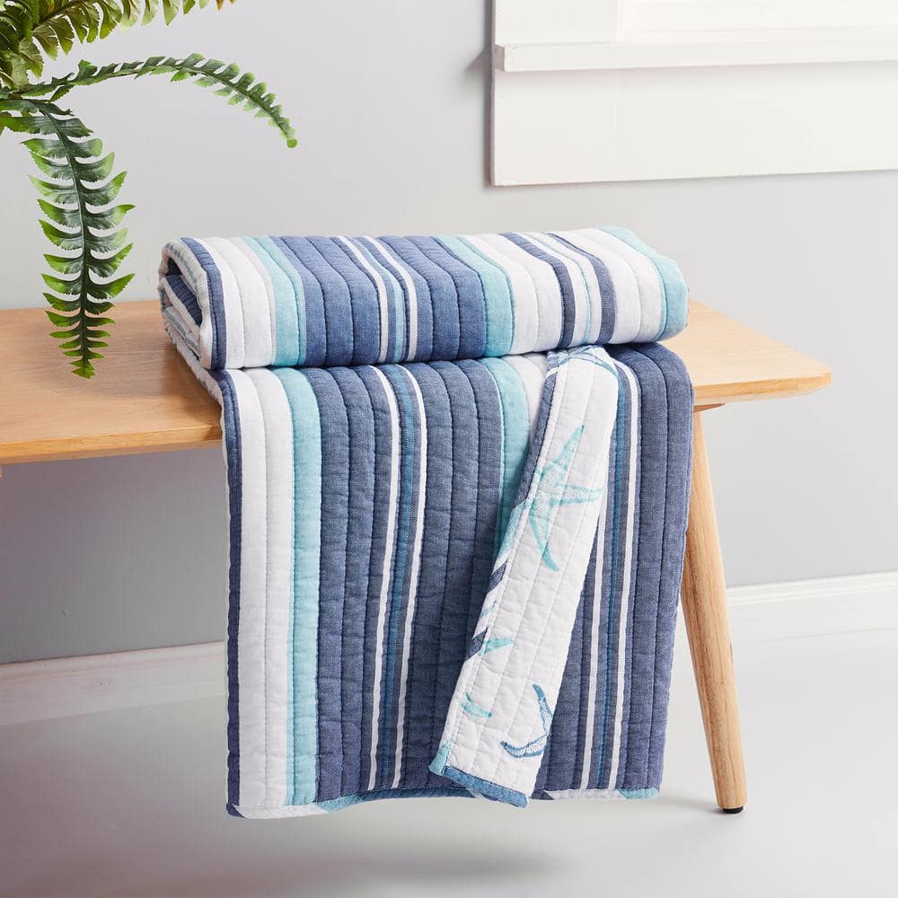 Coastal Stripes Reversible Cotton Quilt Throw, Blue 50" x 60"