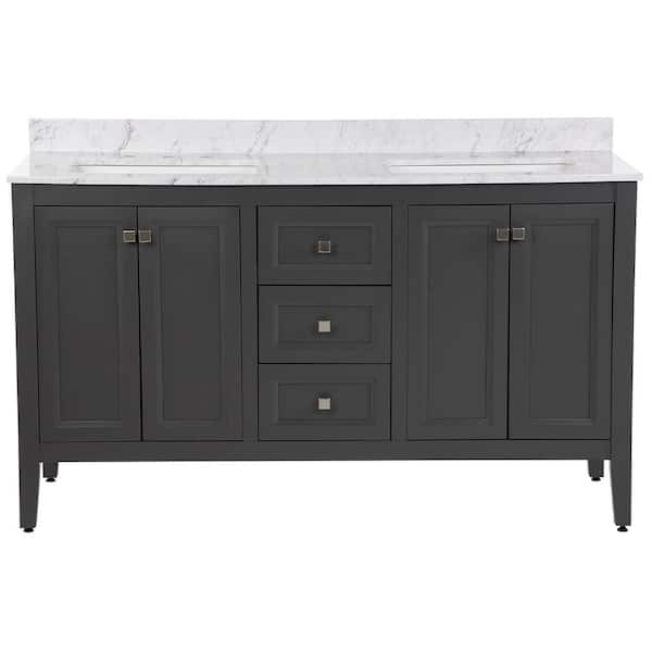 MOEN Darcy 61 in. W x 22 in. D x 39 in. H Double Sink Freestanding Bath Vanity in Shale Gray with Lunar Cultured Marble Top