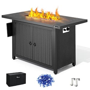 43 in. 50000 BTU Patio Garden Backyard Wicker Base Gas Fire Pit with Ignition Systems, Iron Top, Fire Glass Beads, Cover