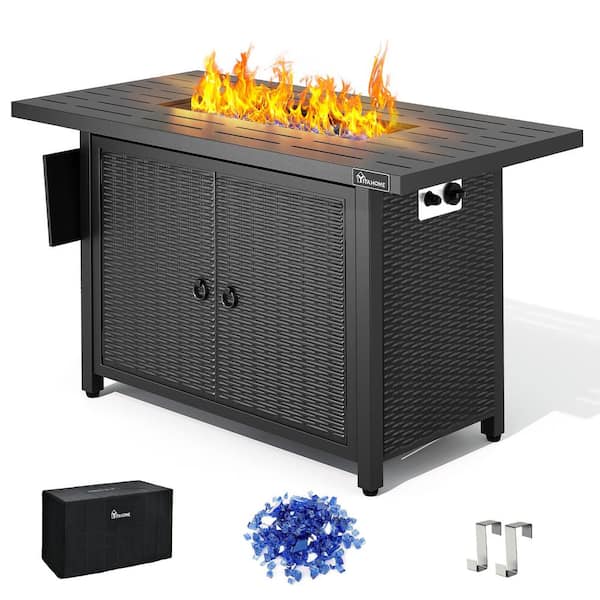 DEXTRUS 43 in. 50000 BTU Patio Garden Backyard Wicker Base Gas Fire Pit with Ignition Systems, Iron Top, Fire Glass Beads, Cover