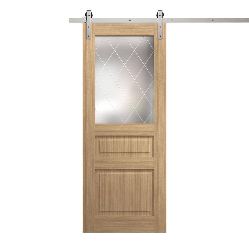 Assembly Required 24 in. x 80 in. Frosted Glass Natural Oak Solid Wood Single Barn Door Slab With Hardware price history on PriceWatchPro