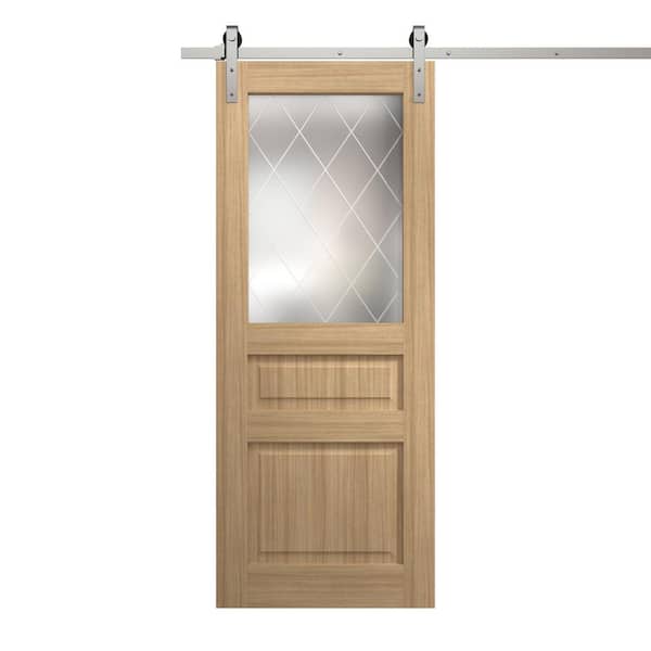 Sartodoors 28 in. x 84 in. Frosted Glass Natural Oak Solid Wood Single Barn Door Slab With Hardware